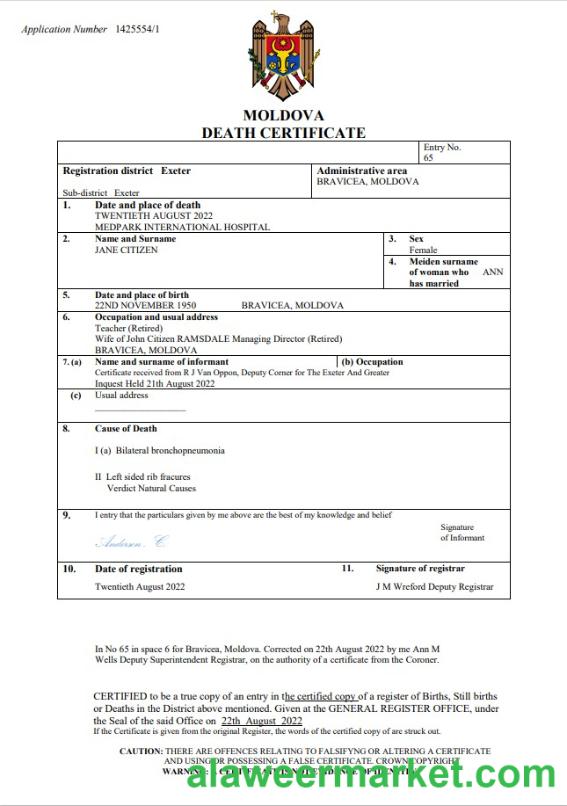 Moldova death certificate Word and PDF template